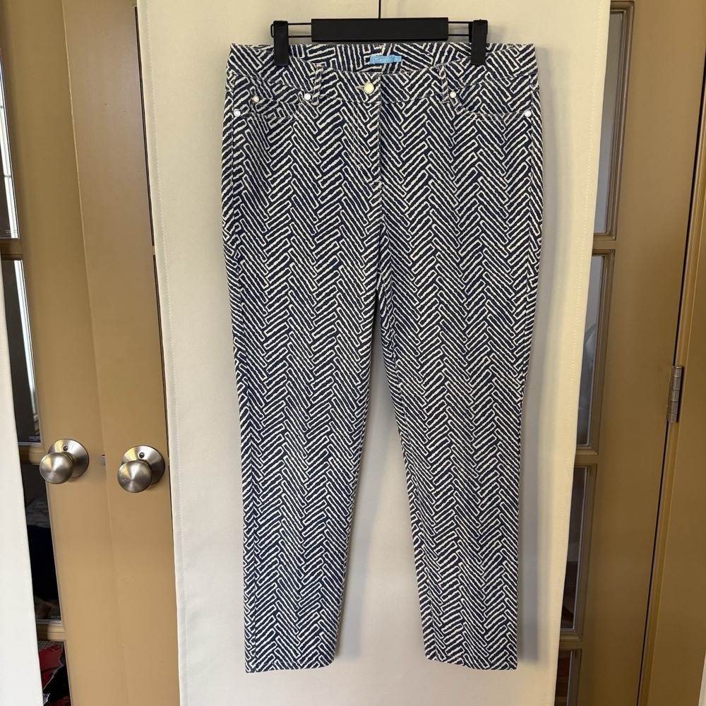 J. McLaughlin Womens 10 Blue White Mid Riseâ Lexi Geometric Print Denim Jeans